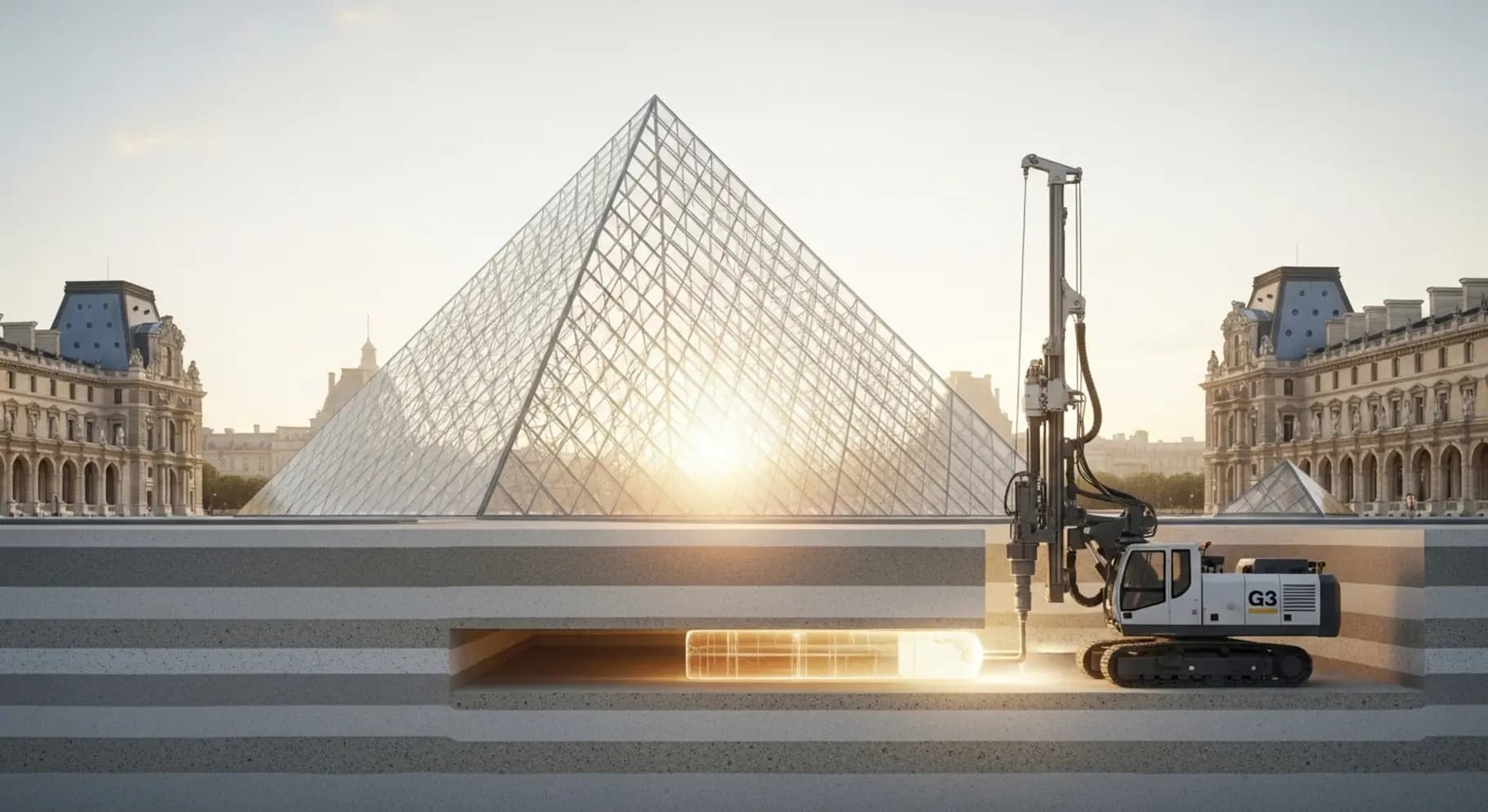 La pyramide du Louvre s'élevant au-dessus d'une coupe stratigraphique transparente qui révèle les couches de calcaire et de sable de Paris ; une foreuse G3 extrait un échantillon de carotte brillant au lever du soleil, illustration architecturale hyper dé