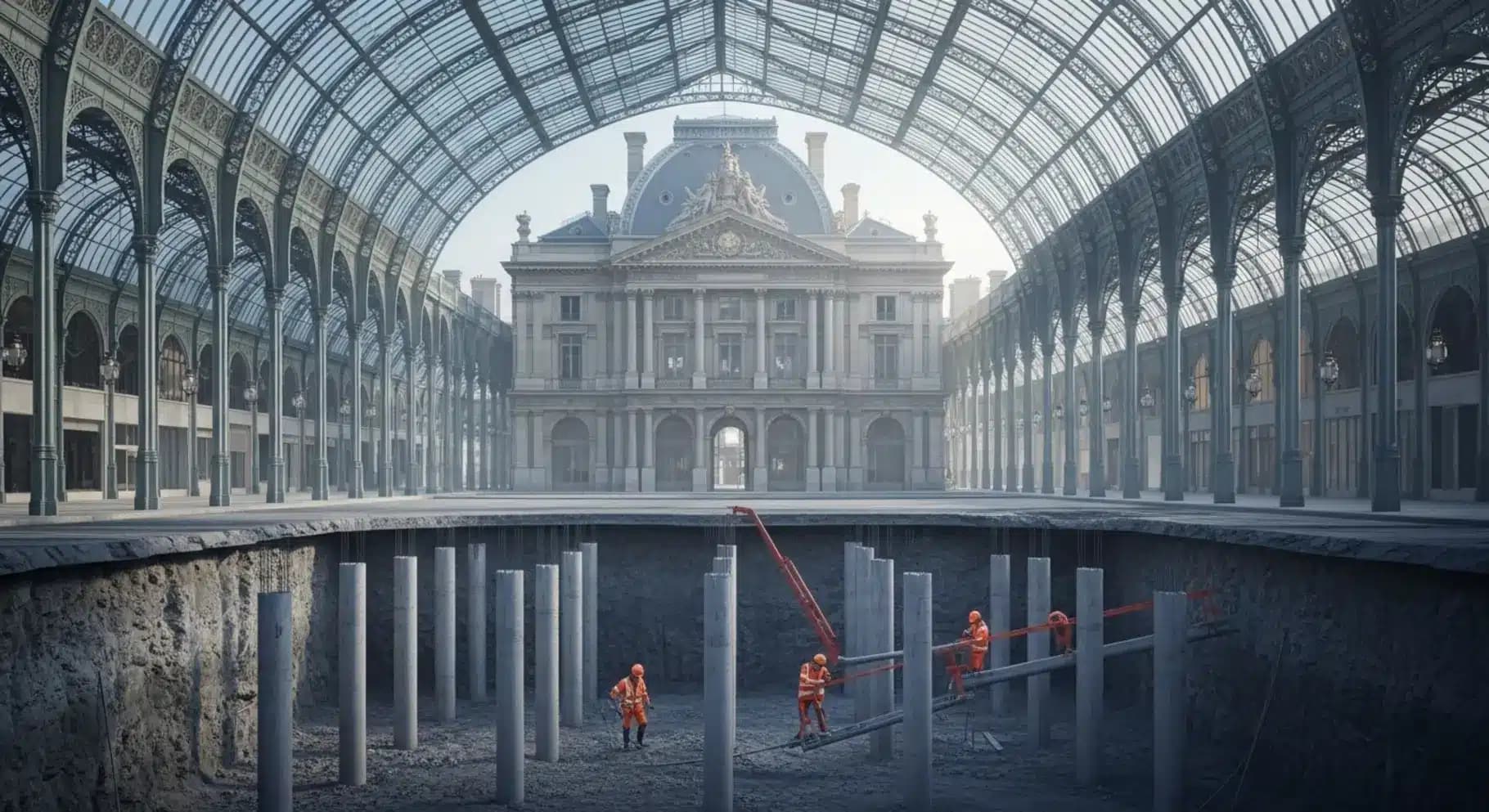 Le majestueux Palais Brongniart se dresse devant un réseau d'arcades au toit de verre ; en dessous, une coupe du sol montre des pieux en béton et des géotechniciens vêtus d'équipements orange, dans une ambiance néo-industrielle chic, avec un rendu photoré