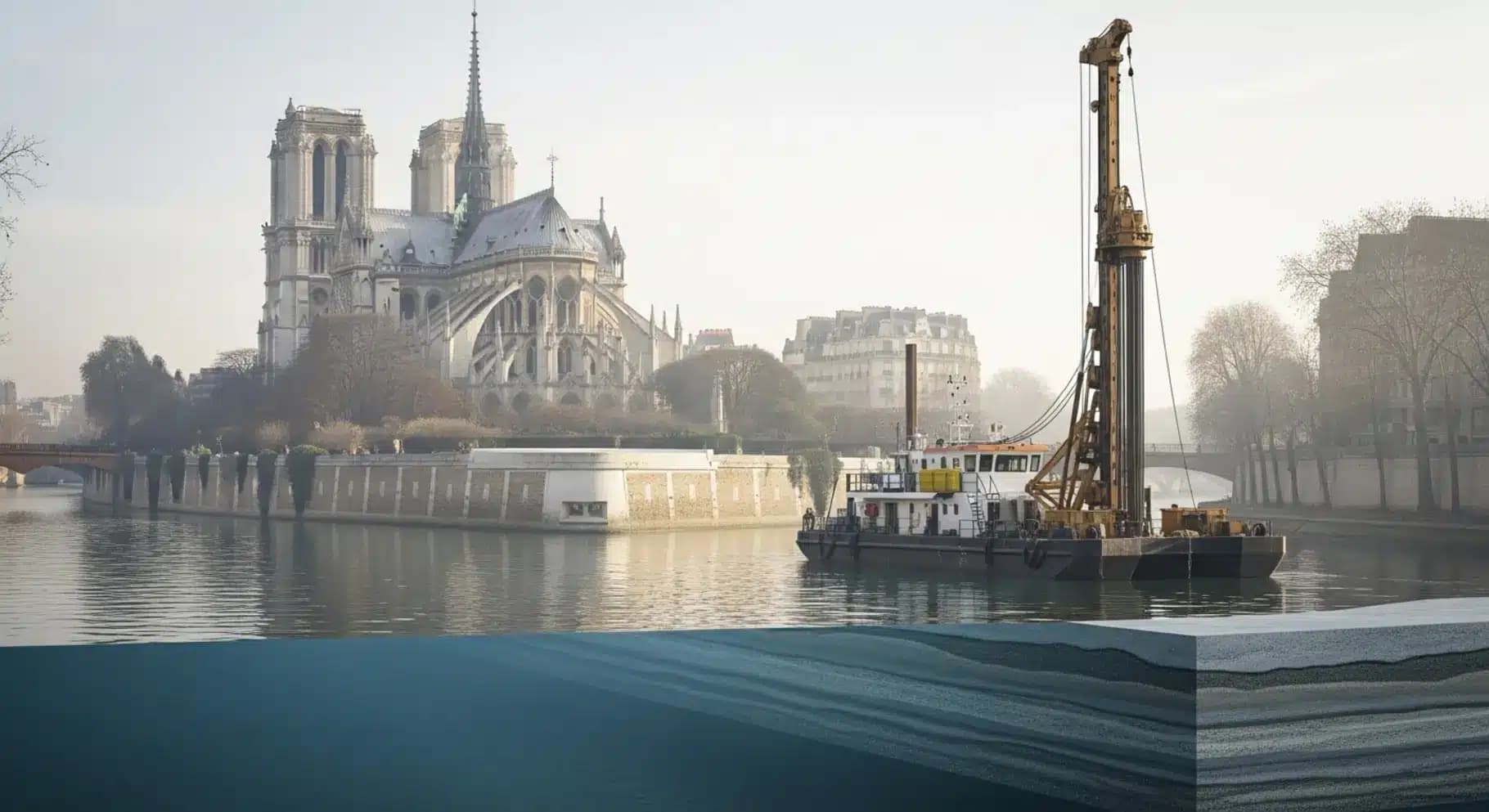 Notre-Dame vue depuis la Seine, à côté d'une barge flottante de forage géotechnique ; une coupe transversale de l'eau montre les strates alluviales du lit du fleuve, ambiance néo-industrielle chic, rendu photoréaliste cinématographique, légère brume matin