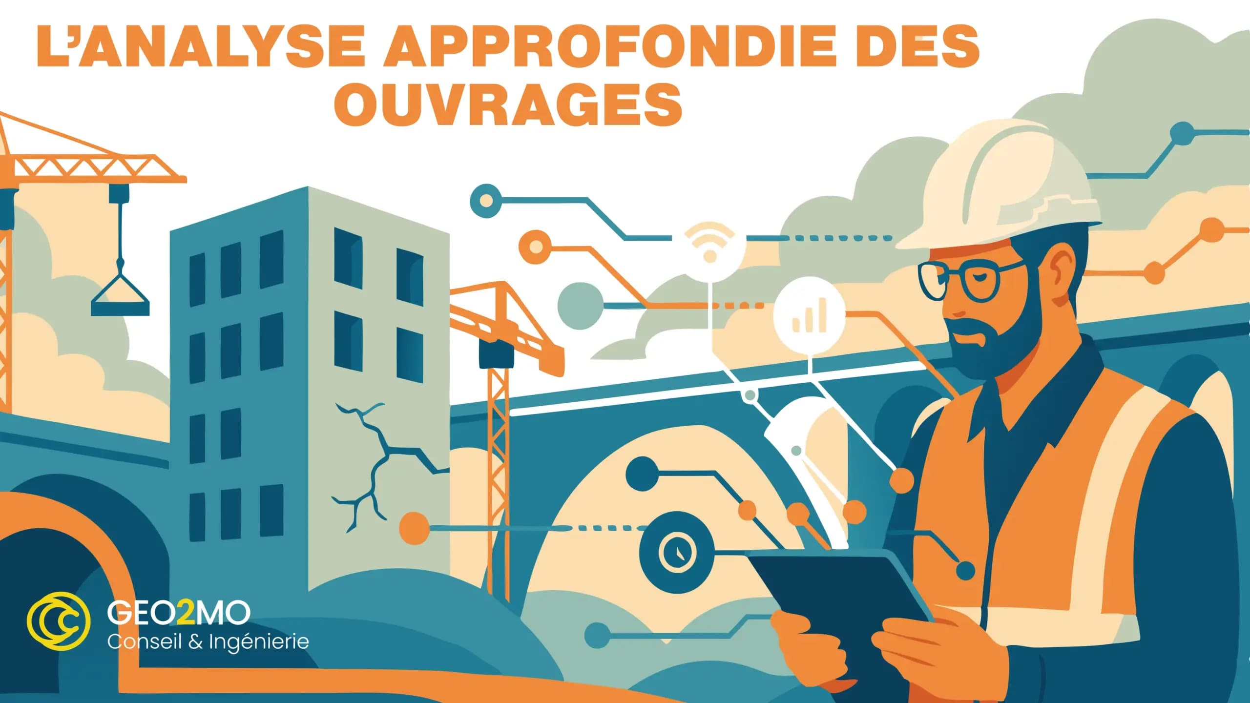 Illustration panoramique d’un chantier mêlant bâtiment, pont et tunnel, avec ingénieur à la tablette et réseau de capteurs reliés en sur-impression.