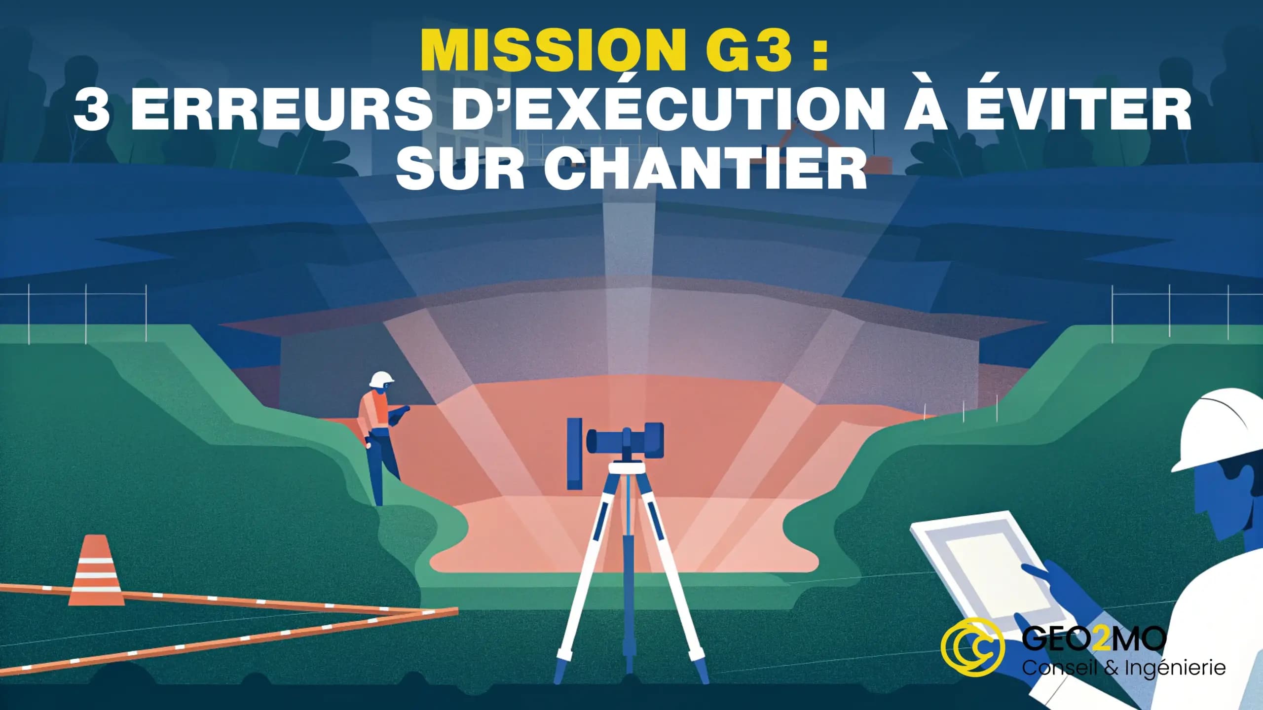 Panorama de chantier géotechnique moderne vu en légère contre-plongée : grande fouille en coupe montrant les couches de sol, excavatrice au premier plan, ingénieur avec tablette supervisant, instruments géotechniques visibles (pénétromètre, plaque de char