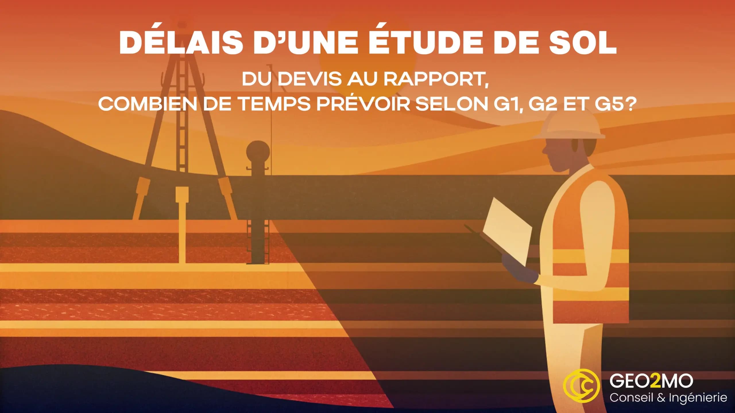 modern editorial illustration of a geotechnical engineer analyzing soil layers on a construction site