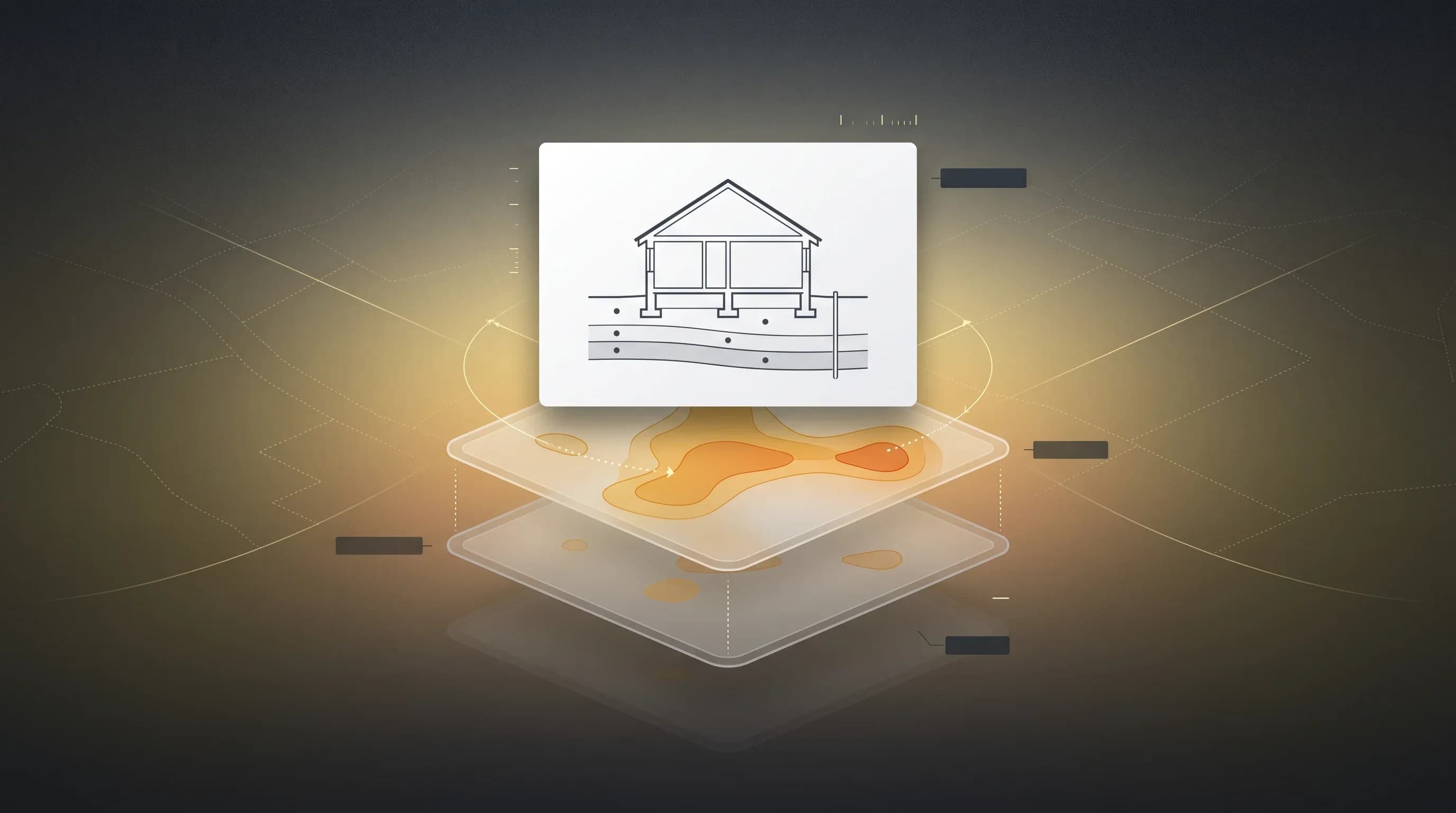 Deux couches de carte d’exposition aux argiles superposées, la nouvelle plus étendue, sous une coupe de maison sur sol argileux