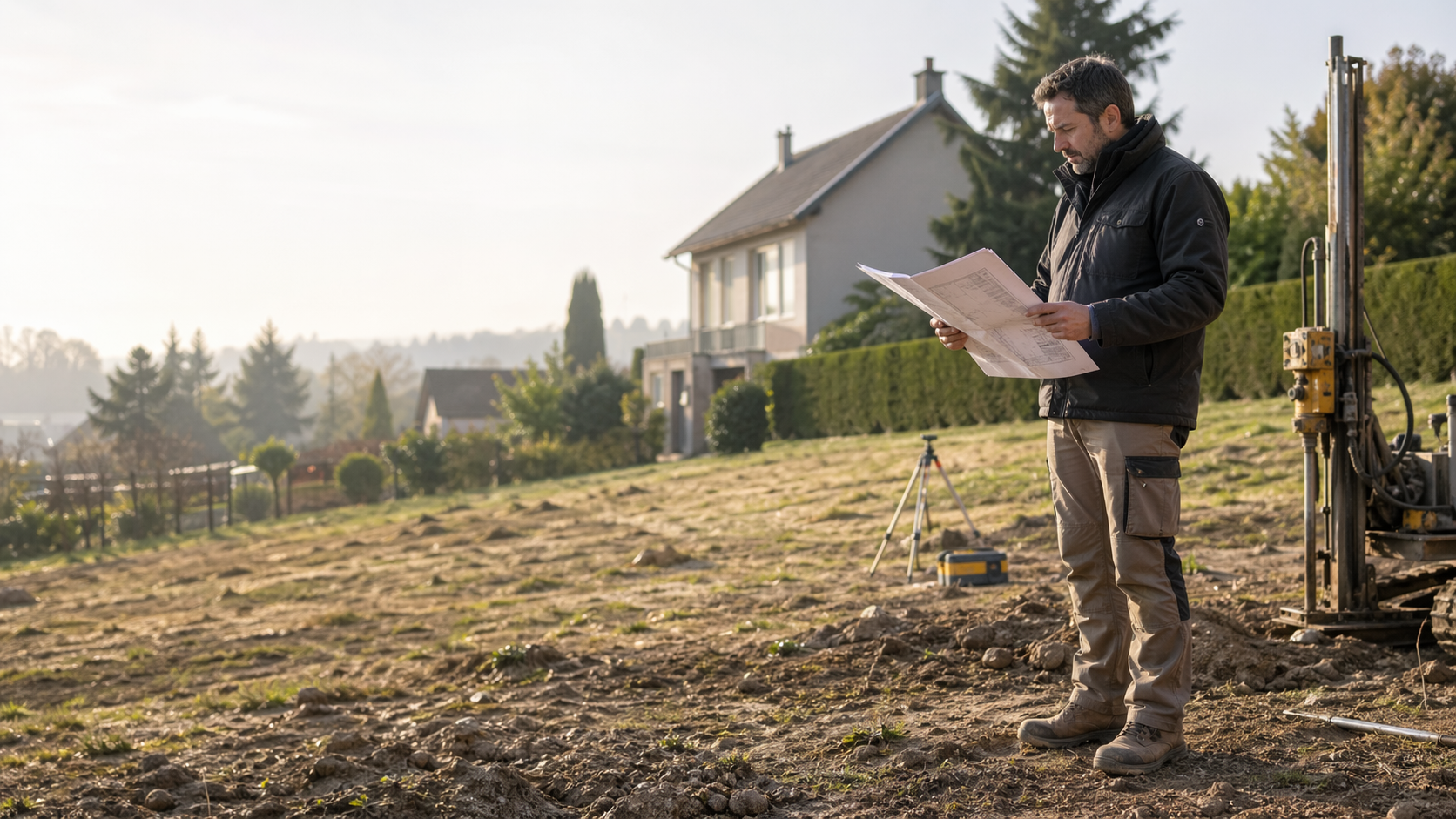 Ingénieur géotechnicien sur un terrain résidentiel avant étude de sol