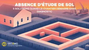 Fondation d’une maison en cours de réalisation sur un terrain sans étude de sol préalable, avec fouilles ouvertes. Cette situation expose le chantier à des risques de fondations inadaptées.