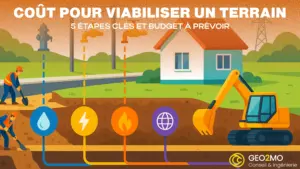 illustration montrant le raccordement d’un terrain aux réseaux essentiels ; elle combine une vue en coupe des tranchées (eau, électricité, gaz, télécom) et l’environnement de chantier (maison, engins, ouvriers).