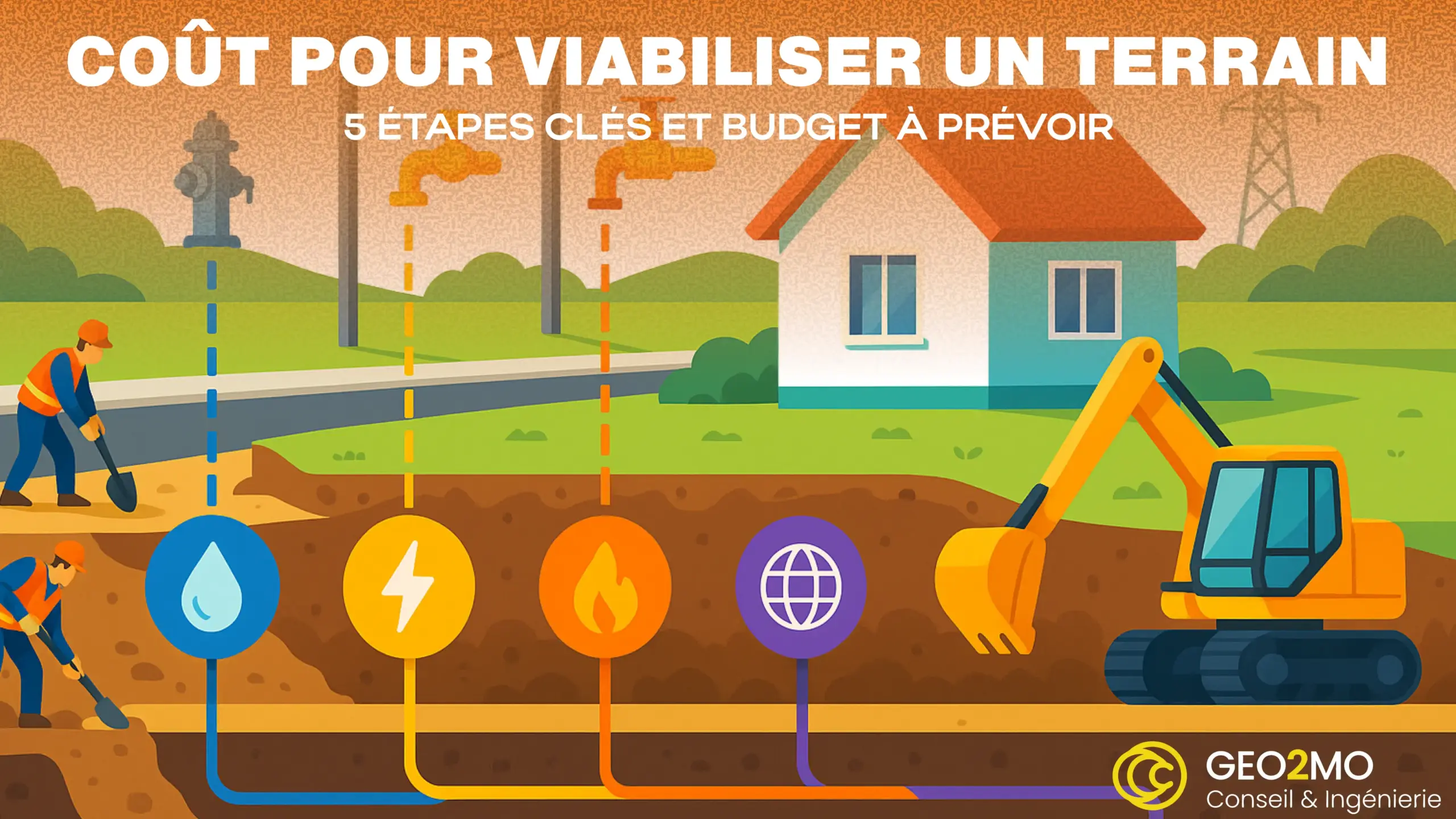 illustration montrant le raccordement d’un terrain aux réseaux essentiels ; elle combine une vue en coupe des tranchées (eau, électricité, gaz, télécom) et l’environnement de chantier (maison, engins, ouvriers).