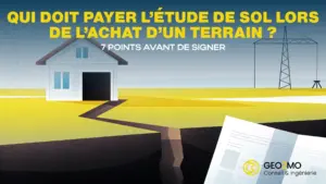 illustrant clairement l’idée de qui doit payer l’étude de sol lors de l’achat d’un terrain en France. Intégrer symboliquement : une maison en construction, un contrat de vente ou acte notarié, une étude géotechnique ou rapport technique, et un sol argileux craquelé typique des risques de retrait-gonflement. Couleurs sobres et professionnelles (tons terreux, bleus doux, blanc), style visuel simple, clair et accessible. Inclure le texte lisible : "Qui doit payer l’étude de sol lors de l’achat d’un terrain ?". Bannière adaptée au web, format large rectangulaire (ratio 16:9).