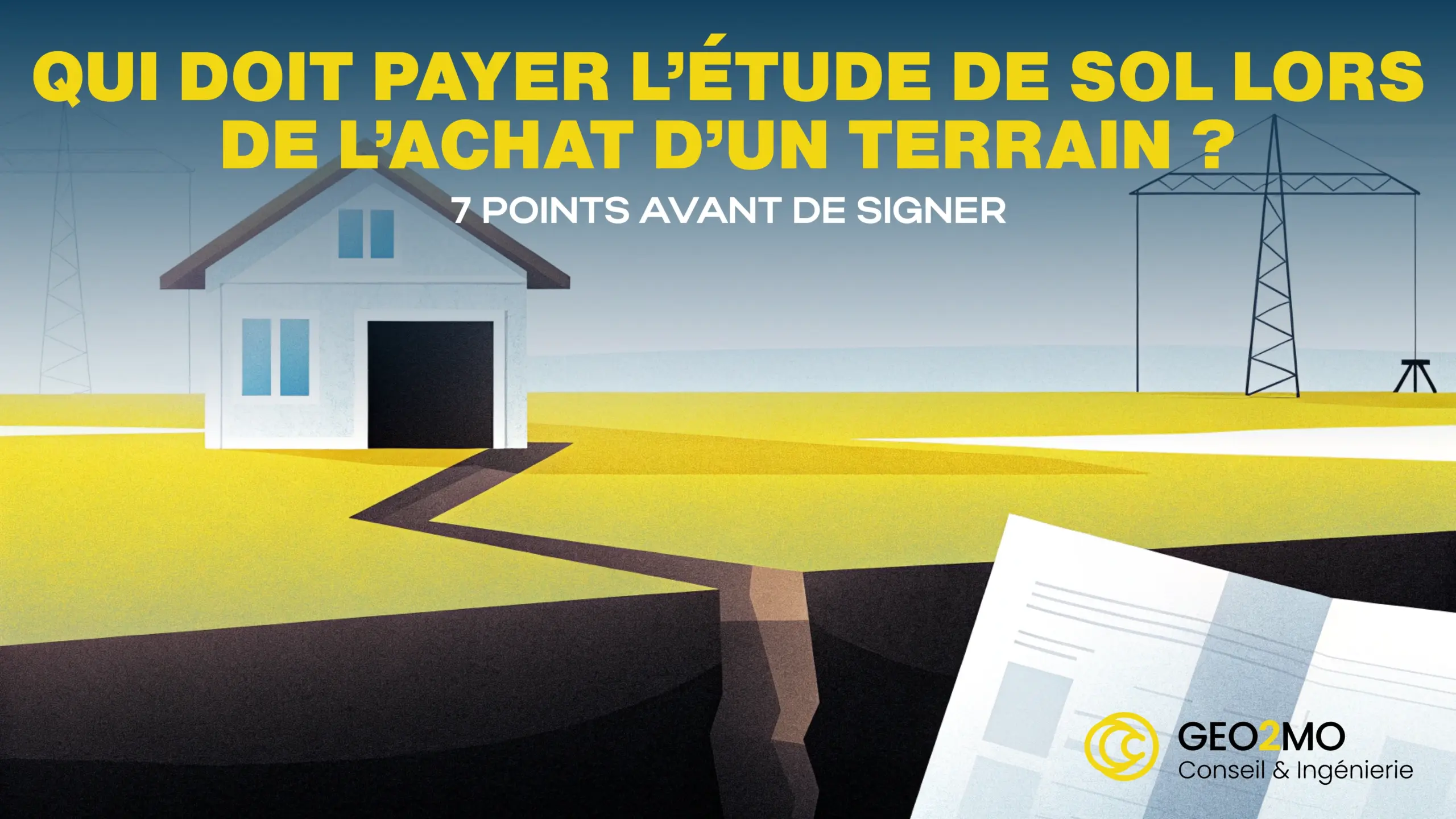 illustrant clairement l’idée de qui doit payer l’étude de sol lors de l’achat d’un terrain en France. Intégrer symboliquement : une maison en construction, un contrat de vente ou acte notarié, une étude géotechnique ou rapport technique, et un sol argileux craquelé typique des risques de retrait-gonflement. Couleurs sobres et professionnelles (tons terreux, bleus doux, blanc), style visuel simple, clair et accessible. Inclure le texte lisible : "Qui doit payer l’étude de sol lors de l’achat d’un terrain ?". Bannière adaptée au web, format large rectangulaire (ratio 16:9).