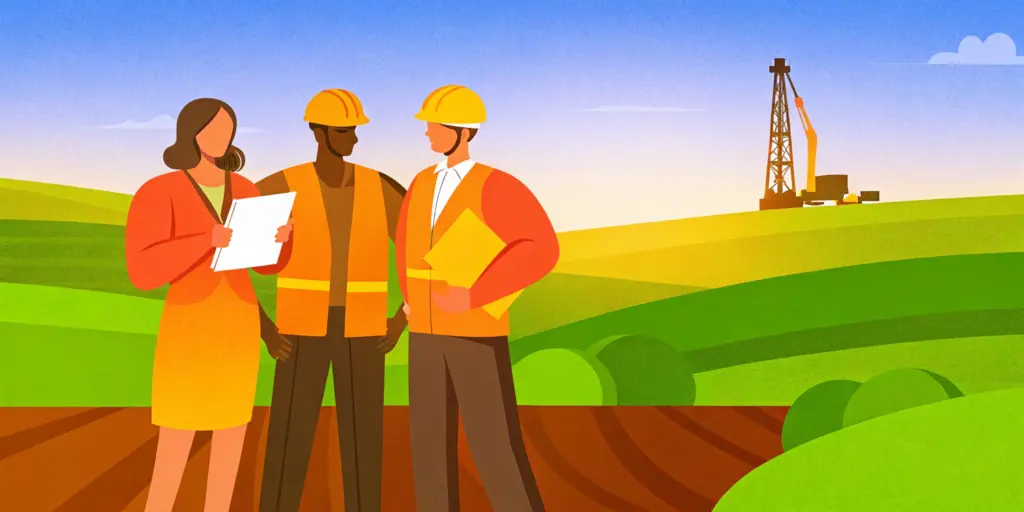 Un souriant examine un rapport d'étude de sol avec un ingénieur géotechnicien, debout sur un chantier de construction avec une foreuse en arrière-plan. Lumière matinale, ambiance professionnelle et confiante.