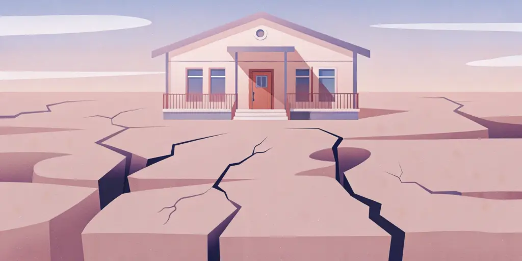 Illustration d'une maison neuve posée sur un sol argileux. Le sol est divisé en deux parties : à gauche, sec et rétracté (fissuré), à droite, humide et gonflé. Montrez les micro-fissures apparaissant sur les fondations ou les murs, avec un ciel ensoleillé pour symboliser la sécheresse.