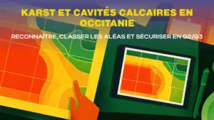 Bureau d’ingénieur illustré : cartes géologiques colorées (sans texte), photos aériennes, tablette affichant un plan de site avec zones colorées, mains pointant des secteurs ; ambiance méthodique, lignes nettes, textures papier