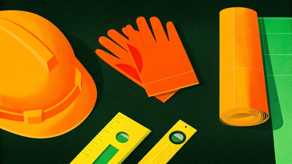 Nature morte illustrée : casque de chantier, niveau, gants, plan roulé, classeur de normes fermé, règle pliante ; fond neutre élégant ; ombres douces, style vectoro-pictural 