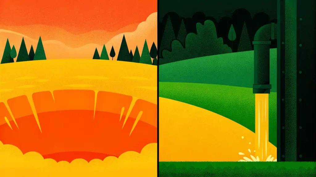 Illustration comparative en diptyque : à gauche effondrement brutal (cratère aux bords raides), à droite affaissement progressif (dépression douce) ; pluie orageuse, vibration d’engin, fuite de canalisation suggérées par des indices visuels