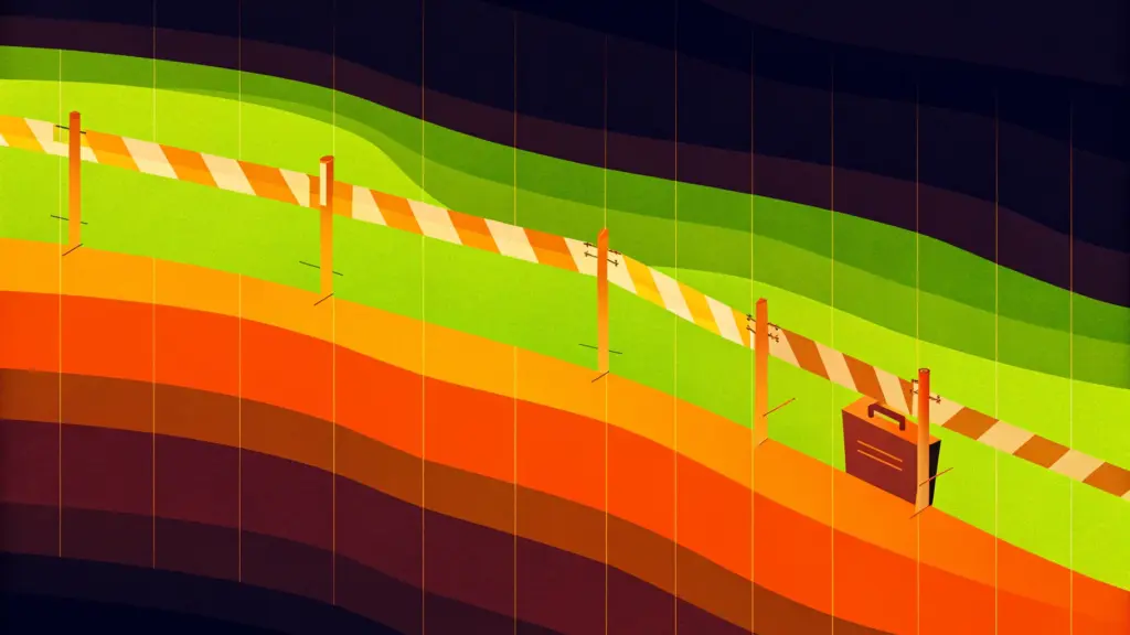 isometric traffic-light motif integrated into a geotechnical dashboard: three arcs around a retaining wall icon (green, amber, red), threshold line crossing a displacement graph, site barriers and emergency toolbox nearby, clean vector illustration, 