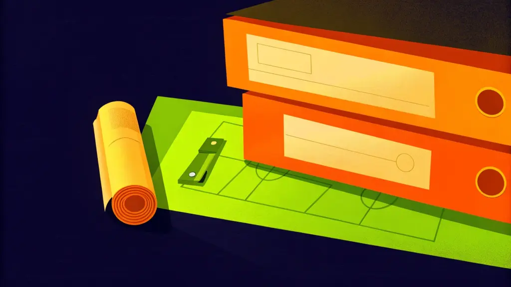 isometric stack of binders and neatly rolled plans on a site desk, as-built plan sheet, USB drive, stamp of approval icon, subtle capteur fiches implied as pictograms, clean vector 