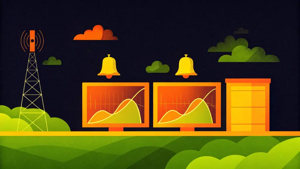isometric monitoring hub with data logger box, antenna, and screens showing abstract plots: inclinometer profile, hydrograph, settlement–time curve (graph lines only)
