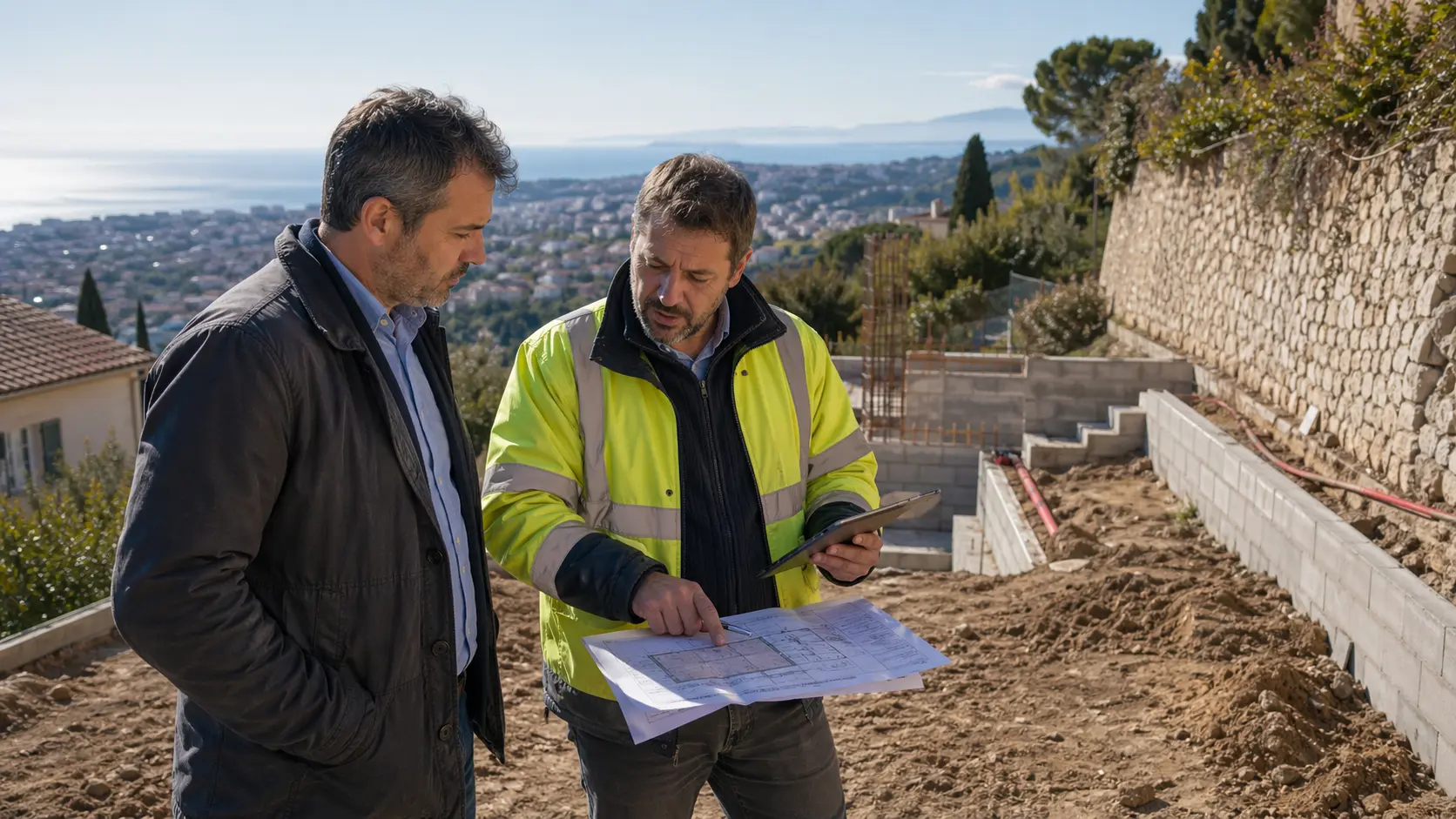 Échange technique sur site entre intervenants géotechniques à Nice