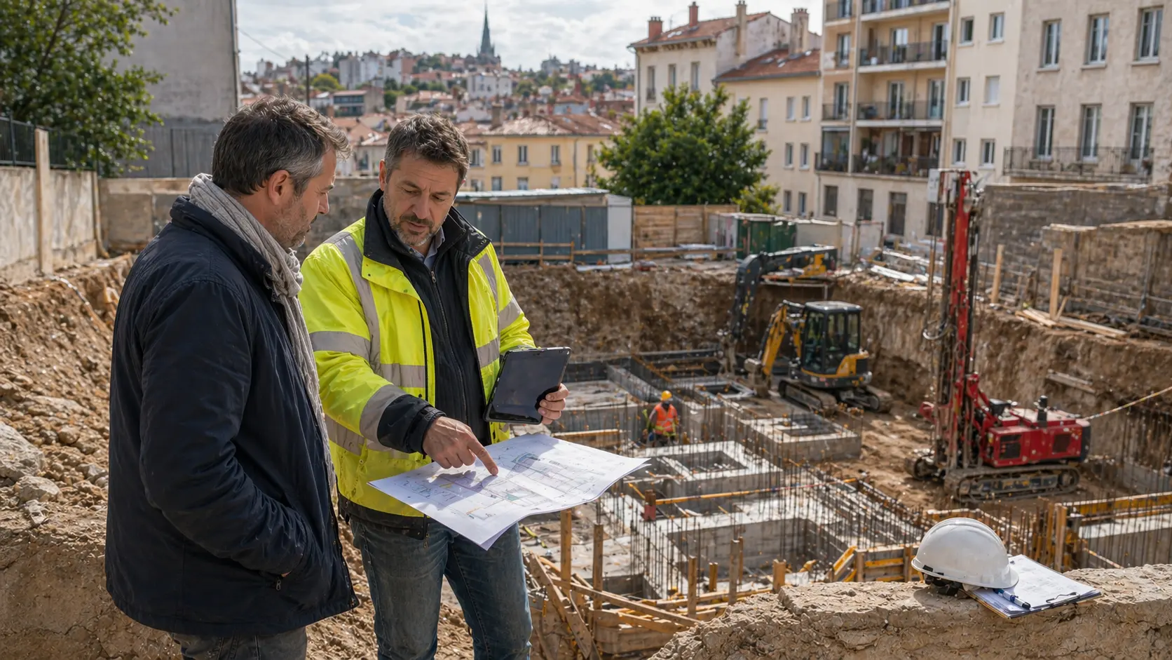 Échange technique sur site entre intervenants géotechniques à Lyon